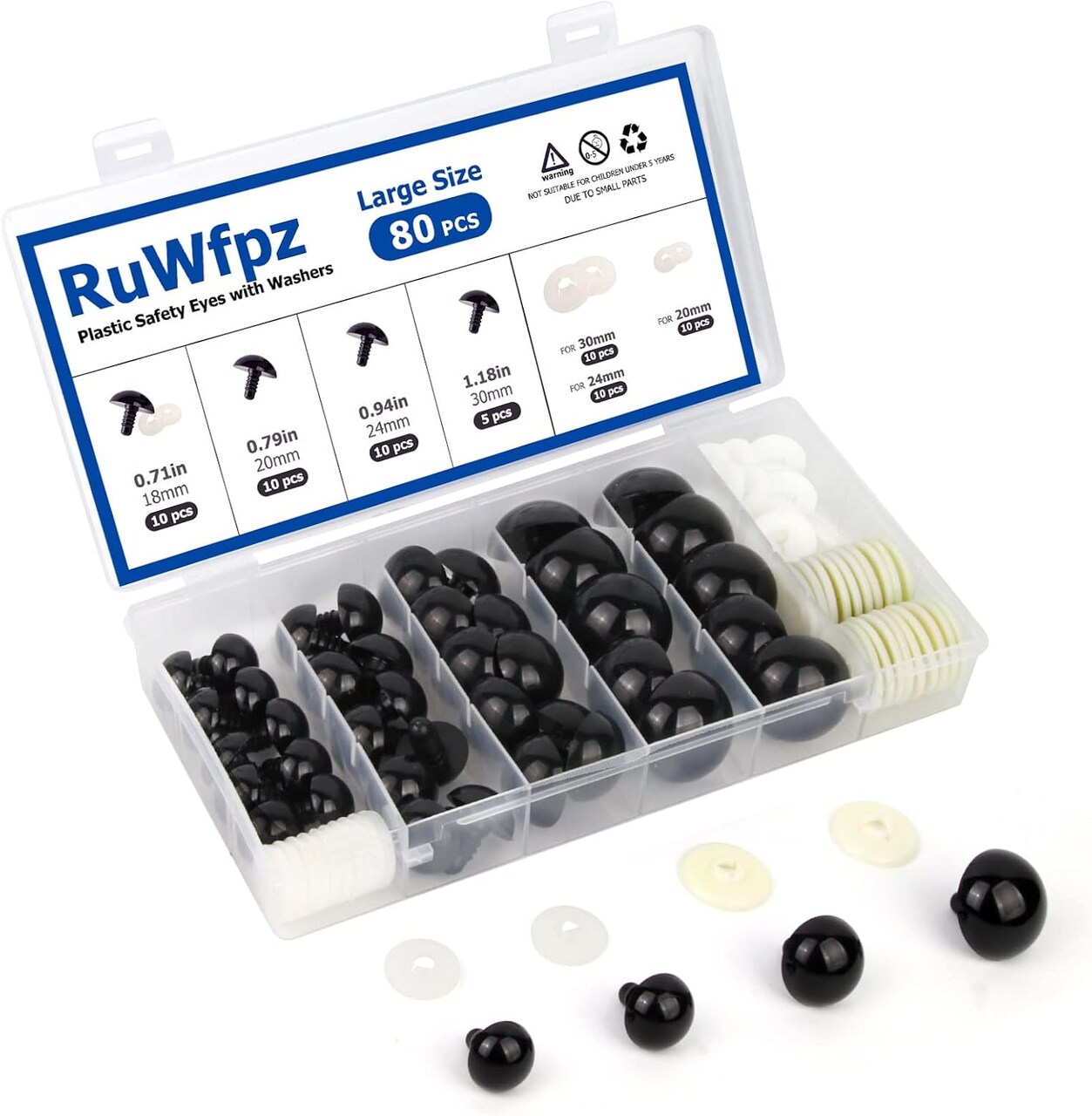 80-Piece Black Plastic Safety Eyes with Washers – 18mm–30mm (4 Sizes) for Amigurumi, Crochet Dolls, Plush Toys & DIY Crafts